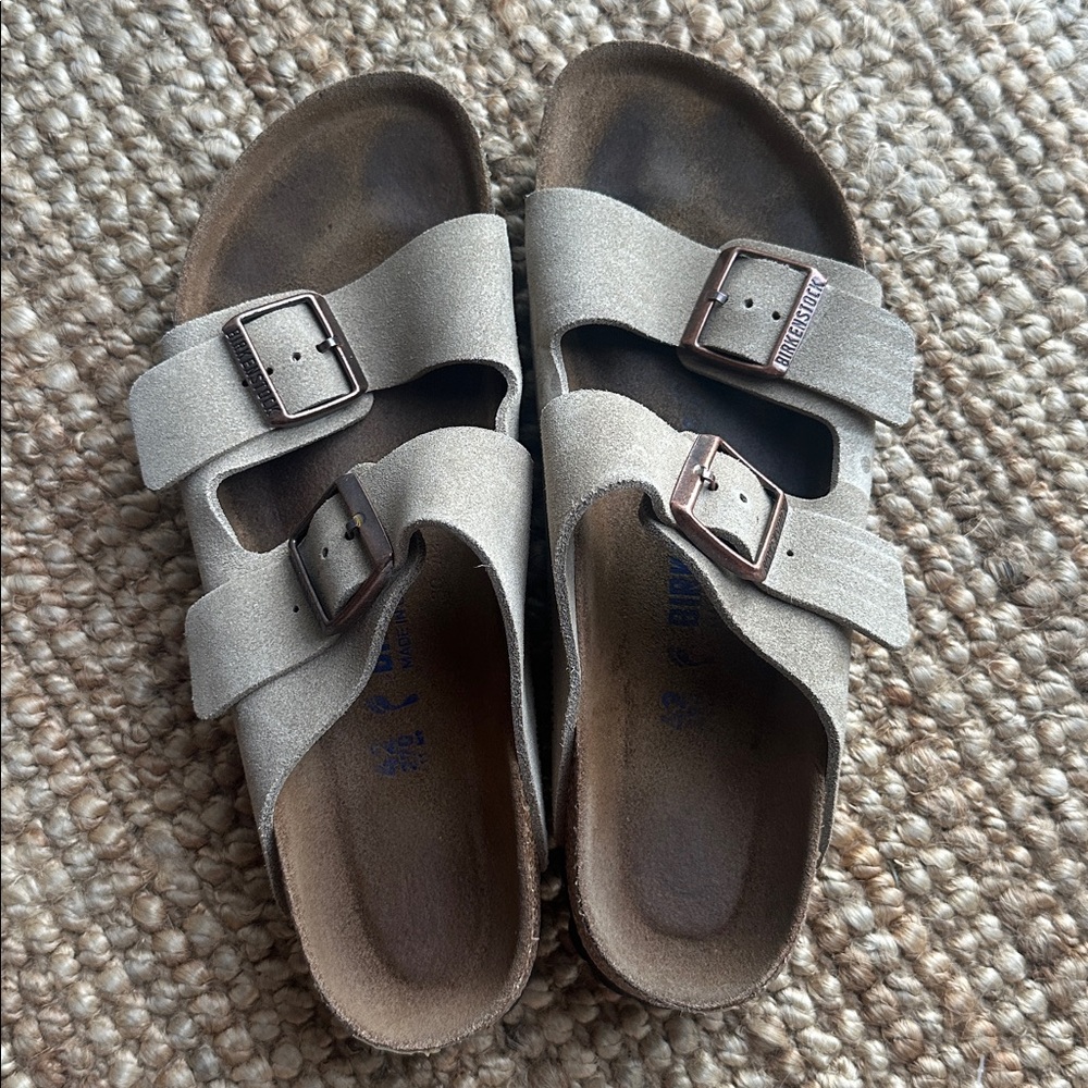 Taupe Suede Double-Buckle Slide Sandals
